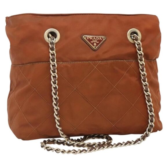 PRADA Chain Shoulder Bag Nylon Brown Gold Auth bs28689 - Picture 1 of 16